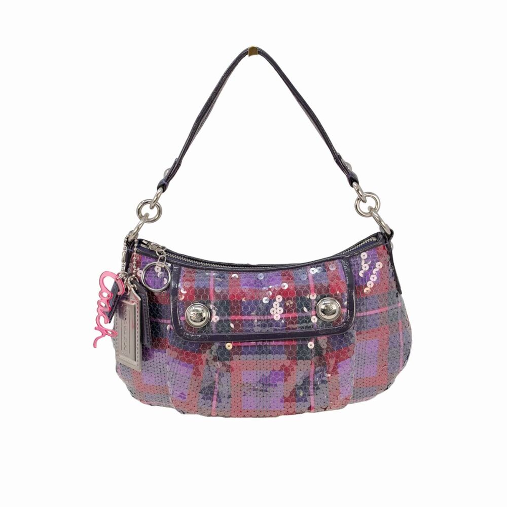 VINTAGE Coach Shoulder Bag Purple Poppy Tartan Plaid Sequin Groovy Baguette Y2K